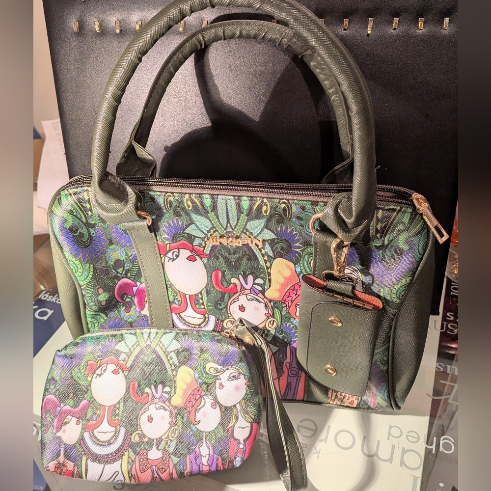 Colorful Printed Women Bag Set- Satchel, Make Up Case And Key Case NWOT